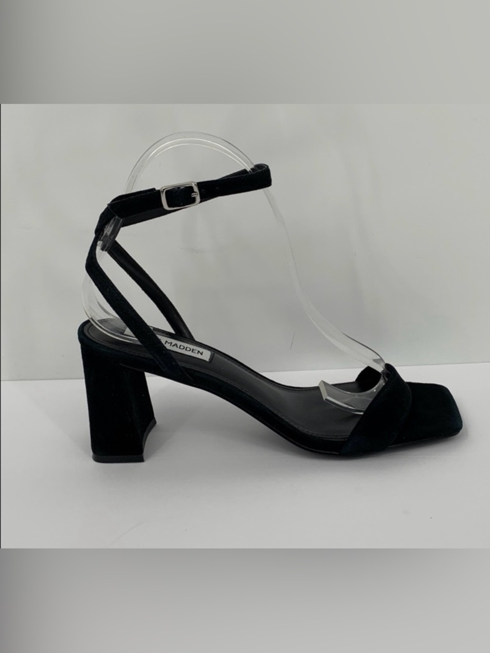 Steve Madden Luxe ankle strap black suede sandal shoe block chunky heel new 8